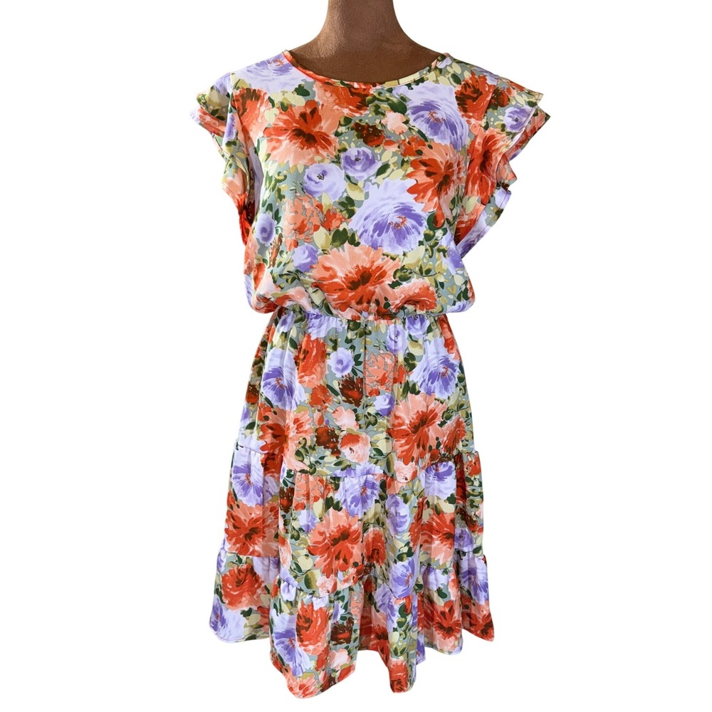 Floral Cap-Sleeve Mini Dress in Coral & Lavender
